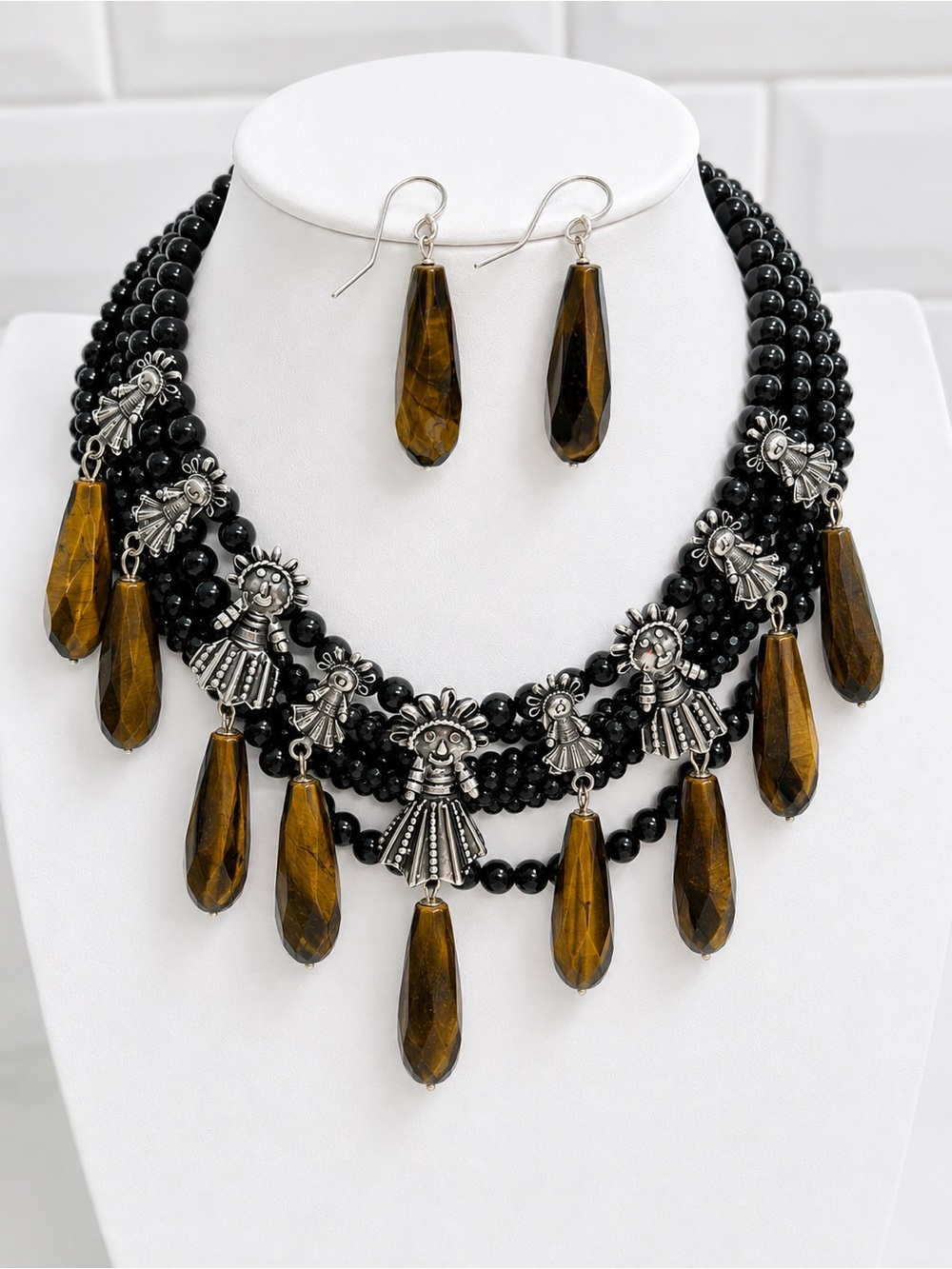 Sterling Silver Multistrand Onyx Beaded Necklace with Tiger Eye Teardrop Drops